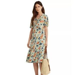 Lauren Ralph Lauren Women's Twist Front V Neck Floral Linen Blend Jersey Dress L